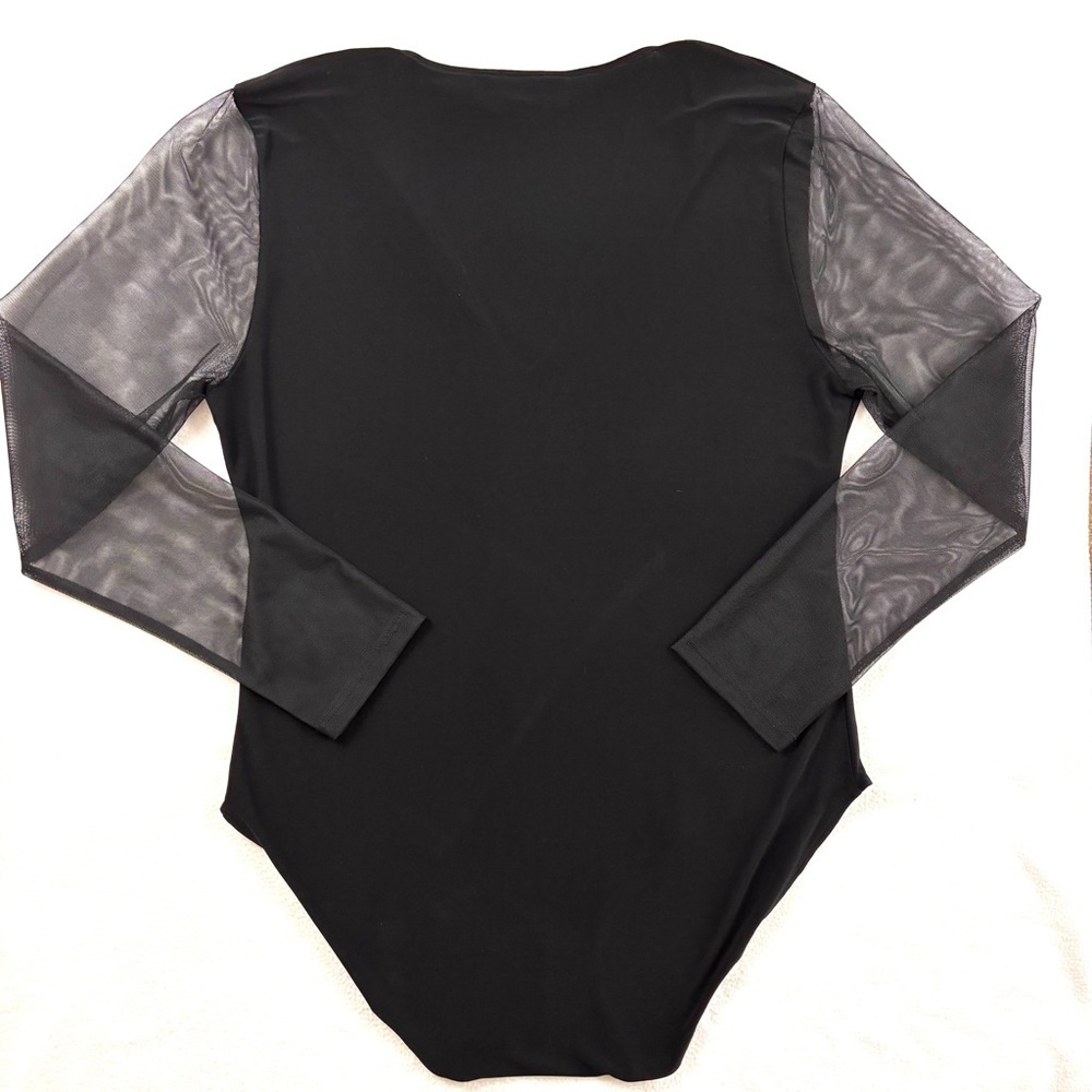 DKNY Black V-Neck Sheer Arms Double Snap Ballet Bodysuit Top (XL) - Picture 5 of 15